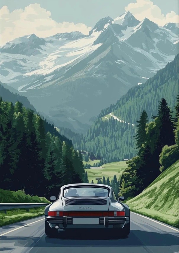 Stort format tecknat plakat Porsche 911 bakvy från alpin natur grön 40 x 60 cm Tryck på duk Utan ram Väggdekoration 1
