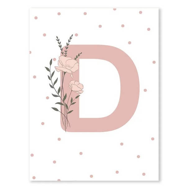 Dekorativ plakat 21 x 30 cm Rosa bokstav D med blommotiv Linneduk utan ram Fin dekoration till barnrum 1