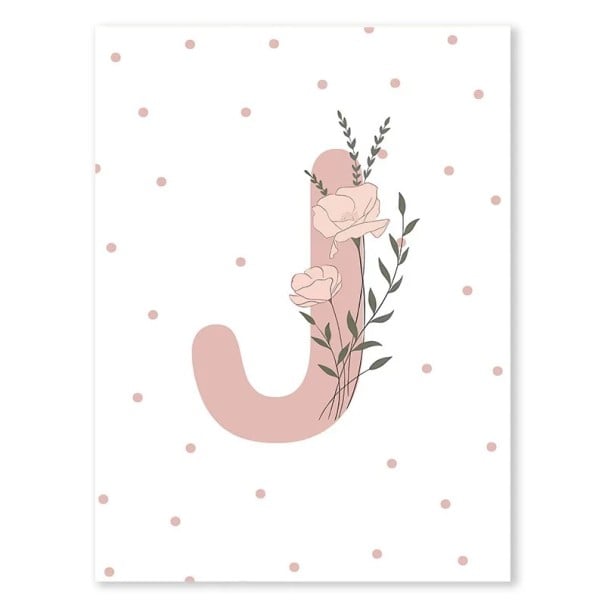 Image 40 x 50 cm Initiale florale « J » Affiche en toile rose sans cadre Décoration murale stylée pour la chambre d'enfant et de fille 1