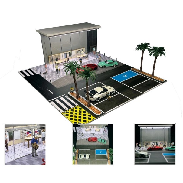 Diorama elektronikbutik 28,5 × 30 × 12,1 cm 1:64 Modern butik med elektronik med palmer PVC realistisk stadsbild 1