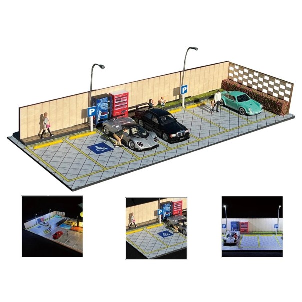 Diorama stadsparkering 30 × 12,6 × 11 cm 1:64 Offentlig parkering med automater och gatubelysning PVC realistisk scen 1
