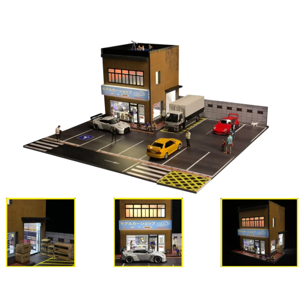 Diorama stadsasiatisk butik 28,5 × 30 × 13,5 cm 1:64 Butik med automater och parkering PVC realistisk gatuscen 1