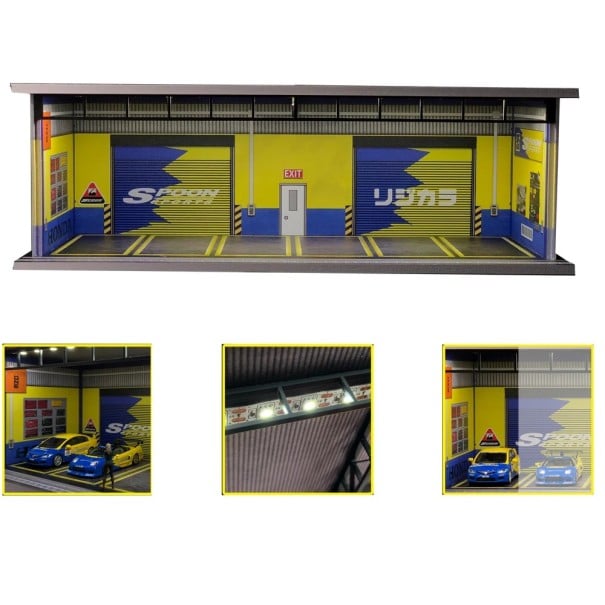Dioráma virityspaja 1:64 Keltainen kilpailupaja PVC realistinen palvelukohtaus autojen esittelyyn 1