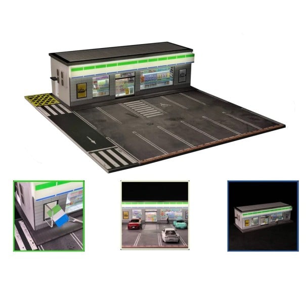 Diorama minimarket urban cu iluminare verde 1:64 Magazin cu parcare PVC scenă urbană realistă pentru modele de mașini 1
