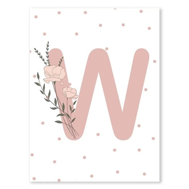 Affiche minimaliste 30 x 40 cm Lettre W rose avec fleur Tableau en toile sans cadre Décoration murale pour chambre de fille et d'enfant 1