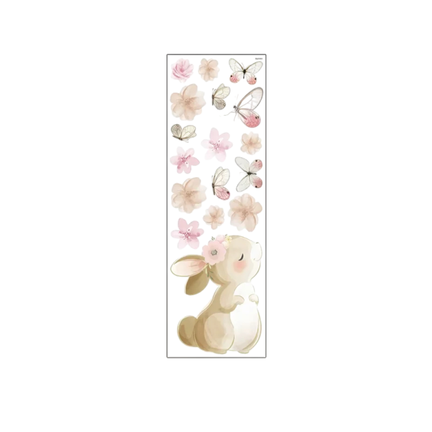 Pegatina de pared 30 x 92 cm Vinilo Boho con conejo dibujado, mariposas y flores Decoración para habitación infantil 1