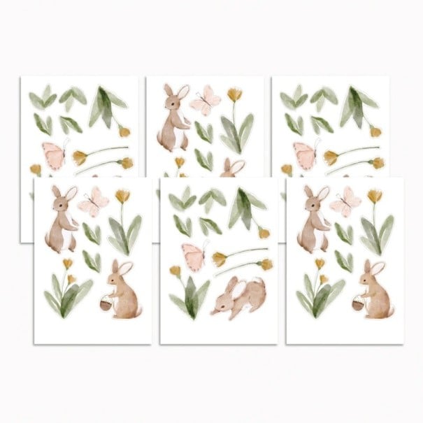 6 hojas Stickers 14,8 x 21 cm PVC Lindos conejos y flores Stickers decorativos para agendas cuadernos habitación infantil 1