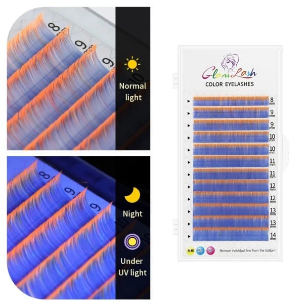 Cils artificiels colorés UV lumineux D courbure 8–14 mm épaisseur 0,07 mm Cils individuels néon à coller pour extensions volumineuses bleu-orange