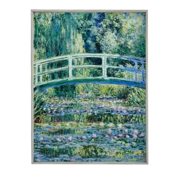 Affiche décorative sur toile 50 x 70 cm Étang de nénuphars avec pont style Claude Monet Image verticale Sans cadre Décoration murale naturelle 1