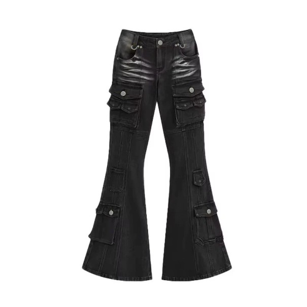 Damska jeans svart Utvidade benfickor Bomull Polyester Bekväma moderna byxor Ut i bälg Elegant avslappnad stil S