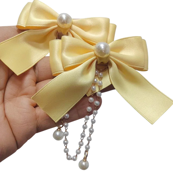 1 paire de Pinces à cheveux Grand nœud en satin avec grande perle et chaîne de perles Élégant ornement pour cheveux de fille jaune