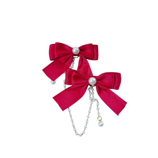 1 paire de Sponkes à cheveux Nœud en satin avec perle et chaîne de perles Élégant accessoire pour cheveux de fille accessoire romantique bordeaux