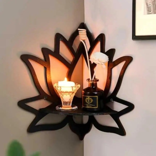 Étagère d'angle murale en bois Lotus Design creux Support pour bougie et huiles essentielles Décoration d'aromathérapie 1