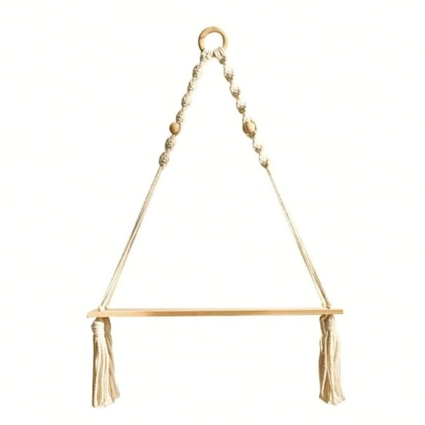 Étagère murale suspendue en bois de 35 cm avec corde et franges Étagère décorative boho pour le mur 1