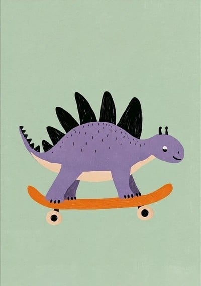 Barnillustrerad affisch 30 x 42 cm Stegosaurus på skateboard Tygtryck utan ram Väggkonst i stående format Rumsdekoration 1