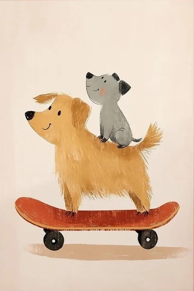 Affiche décorative pour enfants 30 x 42 cm Chiens sur skateboards Motif dessiné impression sur toile Image verticale sans cadre Décoration de chambre 1