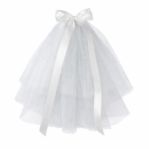 Bílý tylový svatební závoj s mašlí a perličkami Elegantní lehký závoj na rozlučku se svobodou Bridal party doplněk do vlasů 1