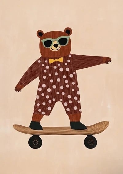 Grand tableau mural 50 x 70 cm Ours sur skateboard avec lunettes et nœud papillon Affiche illustrée sur toile Sans cadre Décoration pour enfants 1