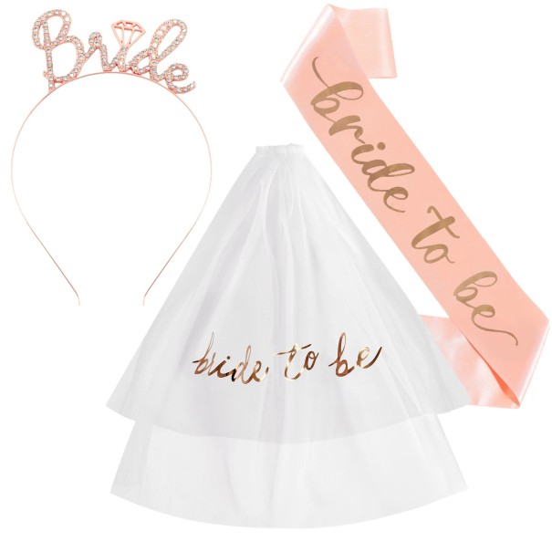 Ensemble de fête BRIDE TO BE Diadème Bride Voile avec inscription et Écharpe Accessoire humoristique pour enterrement de vie de jeune fille Champagne