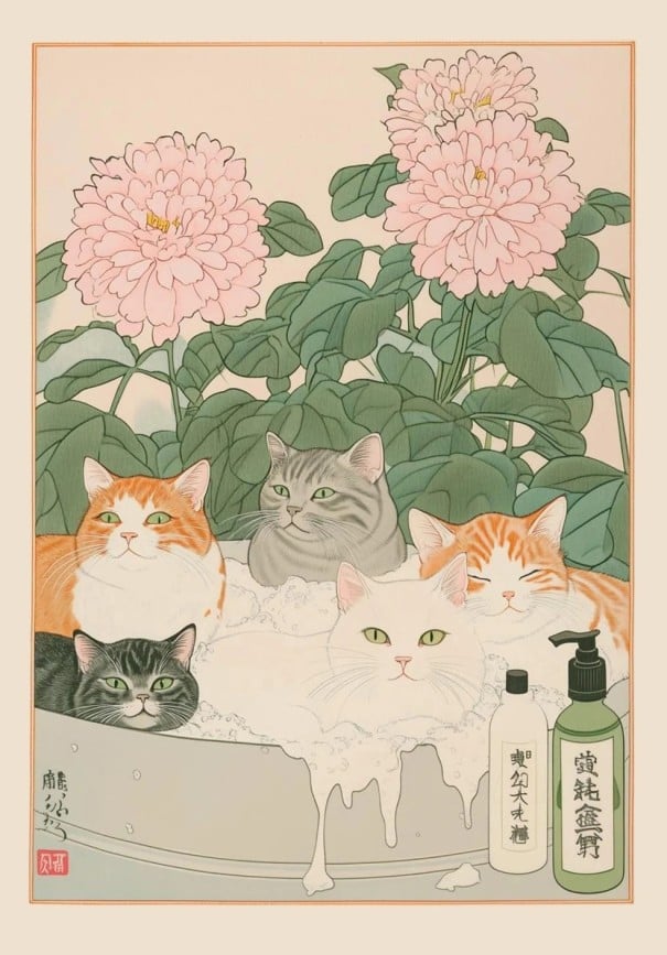 Dekorativ plakat 40 x 60 cm Katte i skummende bad Japansk stil Illustration på lærred Moderne vægkunst Sødt dekoration Uden ramme 1