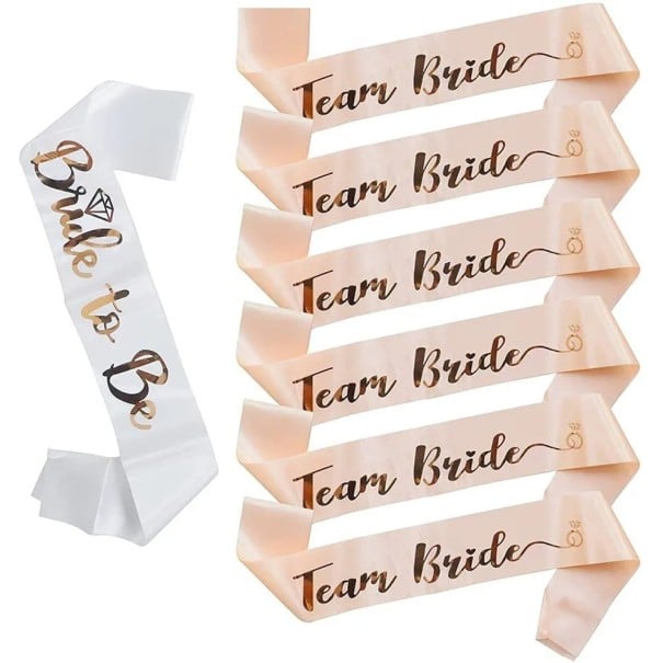 Satsi 6 kpl häälahjoja Team Bride + Bride To Be Valkoinen ja vaaleanpunainen-kulta Satin 156 x 9,5 cm Polttarit 1