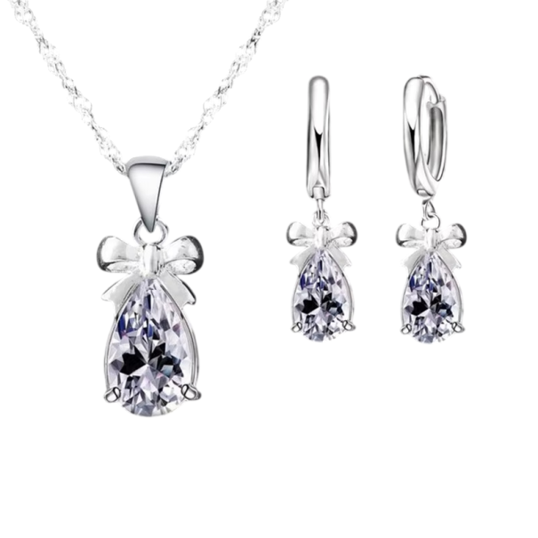 Set di orecchini e collana in argento sterling 925 con fiocco e pietra romantico per matrimoni, fidanzamenti e feste 1