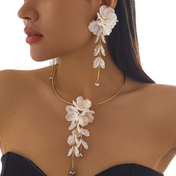 Komplex set 14 cm Halsband 13 cm Örhängen Punkblomma Kreativ elegant dam uttalande smycken Fest set 1