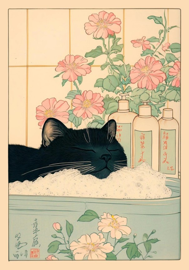 Affisch för vägg 20 x 30 cm Svart katt i bubblande bad Japansk stil Tryck på mjukt duk Utan ram Söt inredningsdekoration 1