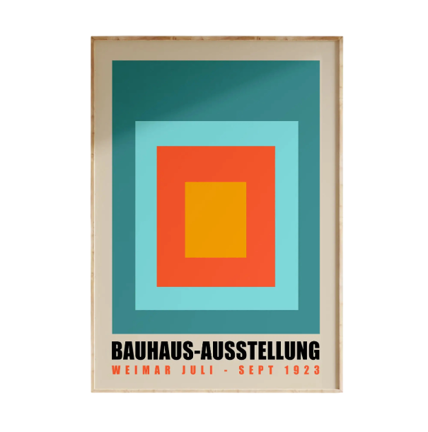 Affiche moderne pour mur 40 x 60 cm Image géométrique Bauhaus Turquoise avec accents orange Imprimé sur toile sans cadre décoration 1