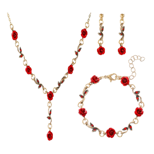 Set dettagliato collana bracciale orecchini Set di gioielli floreali da donna Accessorio di moda di lusso per l'uso quotidiano Regalo rosso