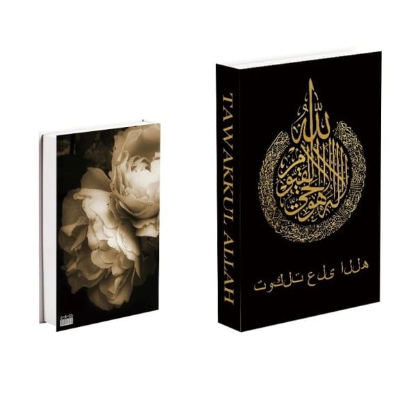 Livre faux ouvrable Tawakkul Allah Design luxueux noir Calligraphie dorée Boîte de rangement décorative pour objets de valeur 1