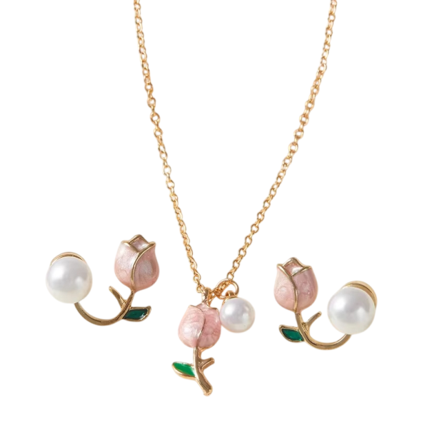 Set di orecchini e collana a tulipano 42+16.5+5 cm Orecchini 1.4 cm Set da donna con tulipano Gioielli per feste dolci Regalo 1