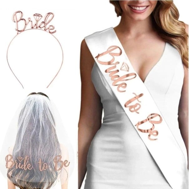 Ensemble de mariage pour la mariée Diadème Mariée Écharpe Future mariée Voile pour l'enterrement de vie de jeune fille 3 pièces 1