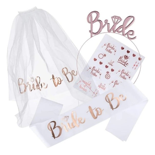 Ensemble de mariage pour la mariée Diadème Mariée Écharpe Future mariée Voile et autocollants pour l'enterrement de vie de jeune fille 4 pièces blanc