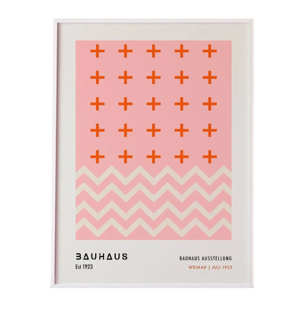 Stort geometriskt plakat 50 x 70 cm Rosa bakgrund röda kors Bauhaus minimalistisk väggkonst Modern tryck på duk 1