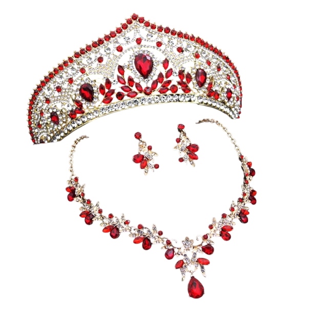 Seta di gioielli di lusso aristocratica Corona 14,5 x 6,8 cm Collana circa 47 cm Orecchini Set nuziale regolabile rosso