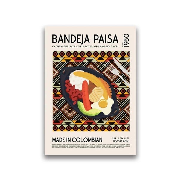 Stort affisch 50 x 70 cm Bandeja Paisa Världskök Bild med mat Tryck på duk Utan ram Dekoration till köket 1