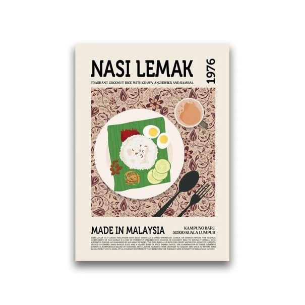 Affiche design 40 x 60 cm Nasi Lemak Cuisine du monde Image de nourriture sur toile Sans cadre Décoration pour la cuisine restaurant 1