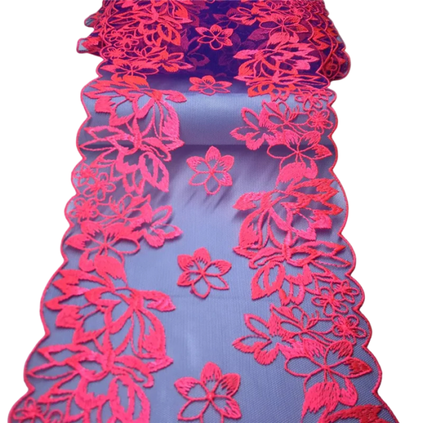 Dentelle brodée en tulle 18 x 91 cm Dentelle en polyester rouge avec motif végétal Tissu décoratif pour la couture de vêtements et décorations DIY 1