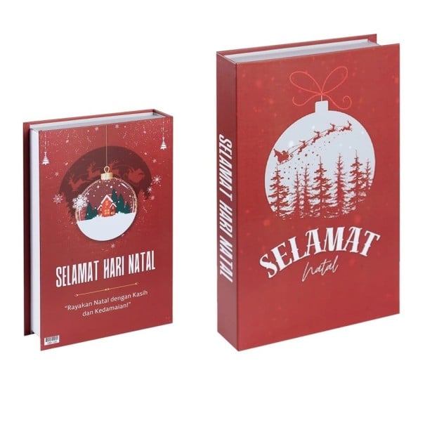 Livre décoratif de Noël faux Selamat Natal Imitation de livre sur étagère Décoration de livre rouge motif hivernal 1