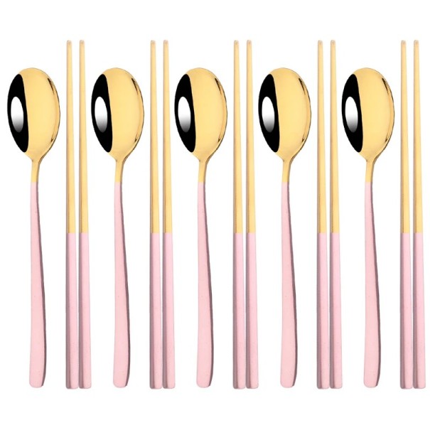 Juego de cubiertos Cuchara y palillos Juego de utensilios para cocina asiática cubiertos de mesa elegantes para el hogar rosa y dorado