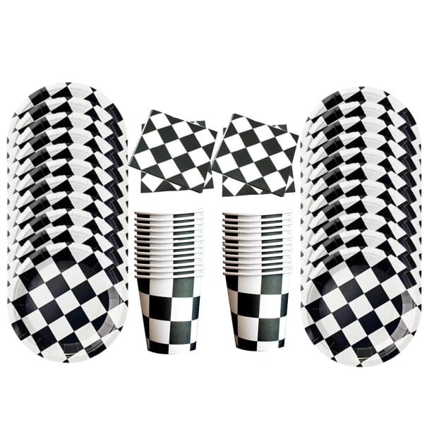 50 st Party set med schackrutigt racingmotiv 10× tallrik 17,8 cm 10× tallrik 22,9 cm 10× kopp 20× servett Födelsedagsracingparty 1