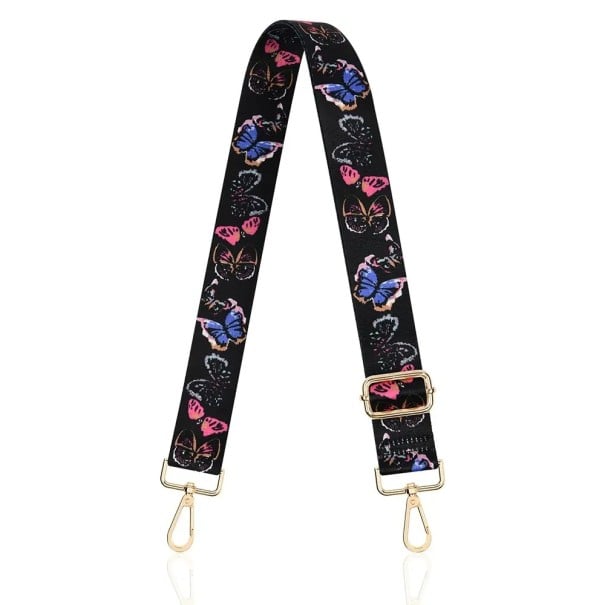 Axelrem för handväska 80–140 x 3,8 cm Svart rem med färgglada fjärilar Justerbar ersättnings crossbody rem för handväska 1