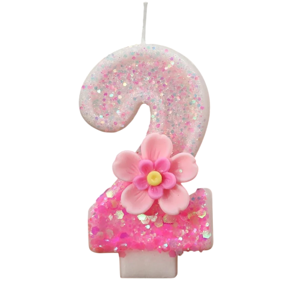 Födelsedagstårtsljus nummer 2 Rosa ljus med glitter och blomma Dekoration till födelsedagstårta festljus 1