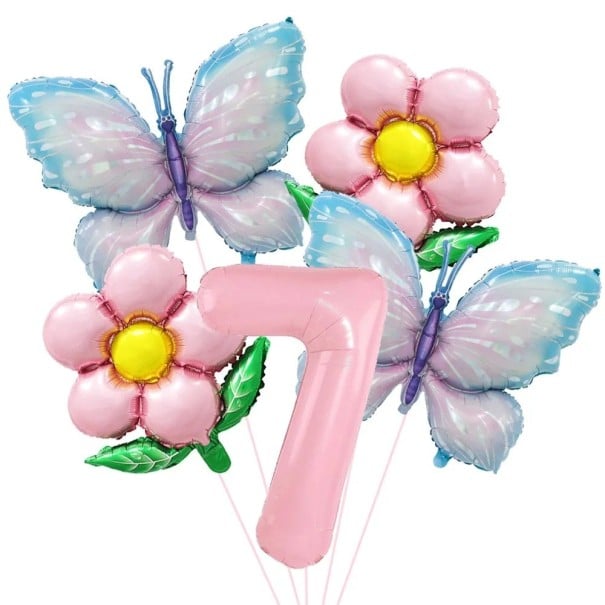 Foliebalonger nummer 7 med fjärilar och blommor 81,3 cm och 45,7 cm Foliebalonger rosa blå födelsedagsdekoration för fest 1