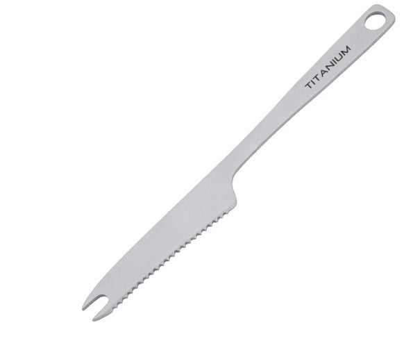 Tenedor de titanio con sierra 13 cm tenedor camping multiusos de titanio puro plateado cubiertos portátiles para senderismo camping y viajes 1