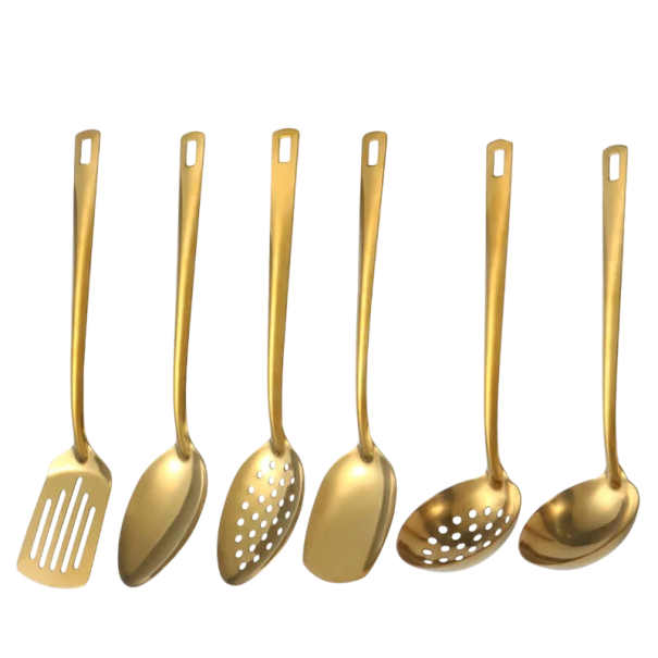 Set av köksbestick 6 st med lång handtag rostfritt stål guld set av skedar och köksredskap för gryta hemmakokning 1