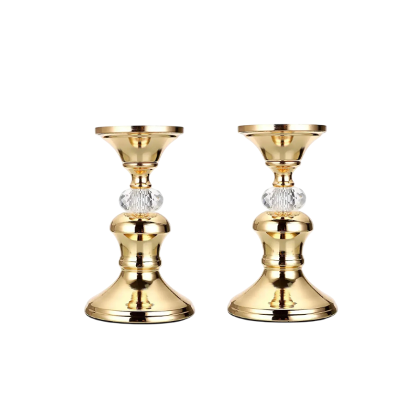 Set med 2 stycken gyllene metallpelarsljusstakar med kristallelement 10,5 × 17 × 8,3 cm metallhållare för ljus gyllene dekoration för bord bröllop 1