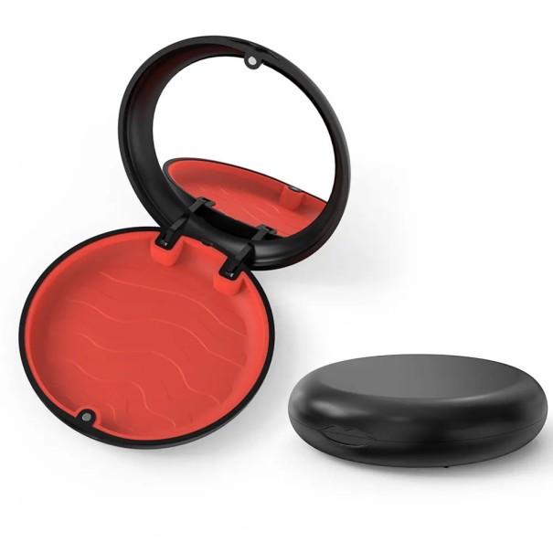 Étui pour aligneurs et prothèses dentaires avec miroir 9 x 9 x 2 cm plastique noir avec intérieur coloré pour le rangement des aligneurs rouge