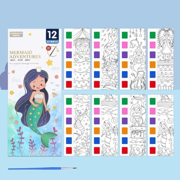 Coloriages aquatiques pour enfants Sirène 12 feuilles 18,7 x 8 cm aquarelle à colorier avec palette et pinceau pour dessiner 1